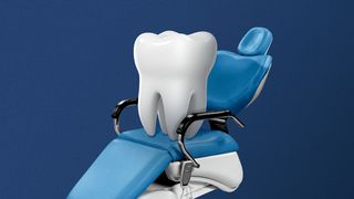 Illustration of a large tooth on a dental examination chair.